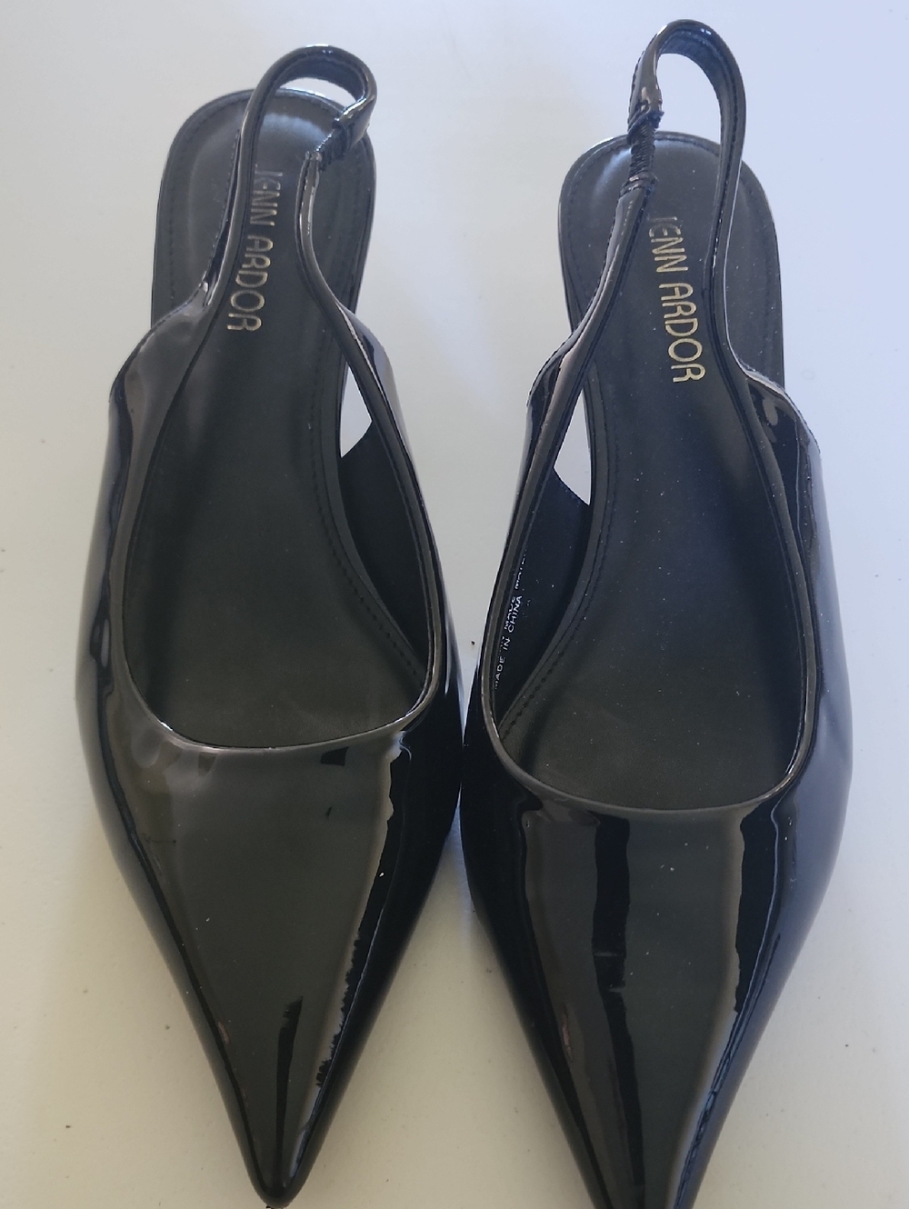 Jenn Ardor Black Patent Pointed Slingback Flats - Glossy Finish
